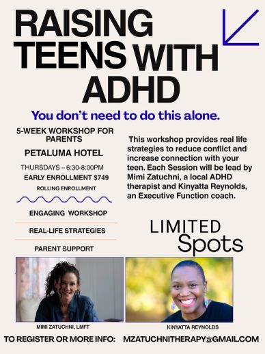 Workshop for parents raising teens with ADHD at Petaluma Hotel.