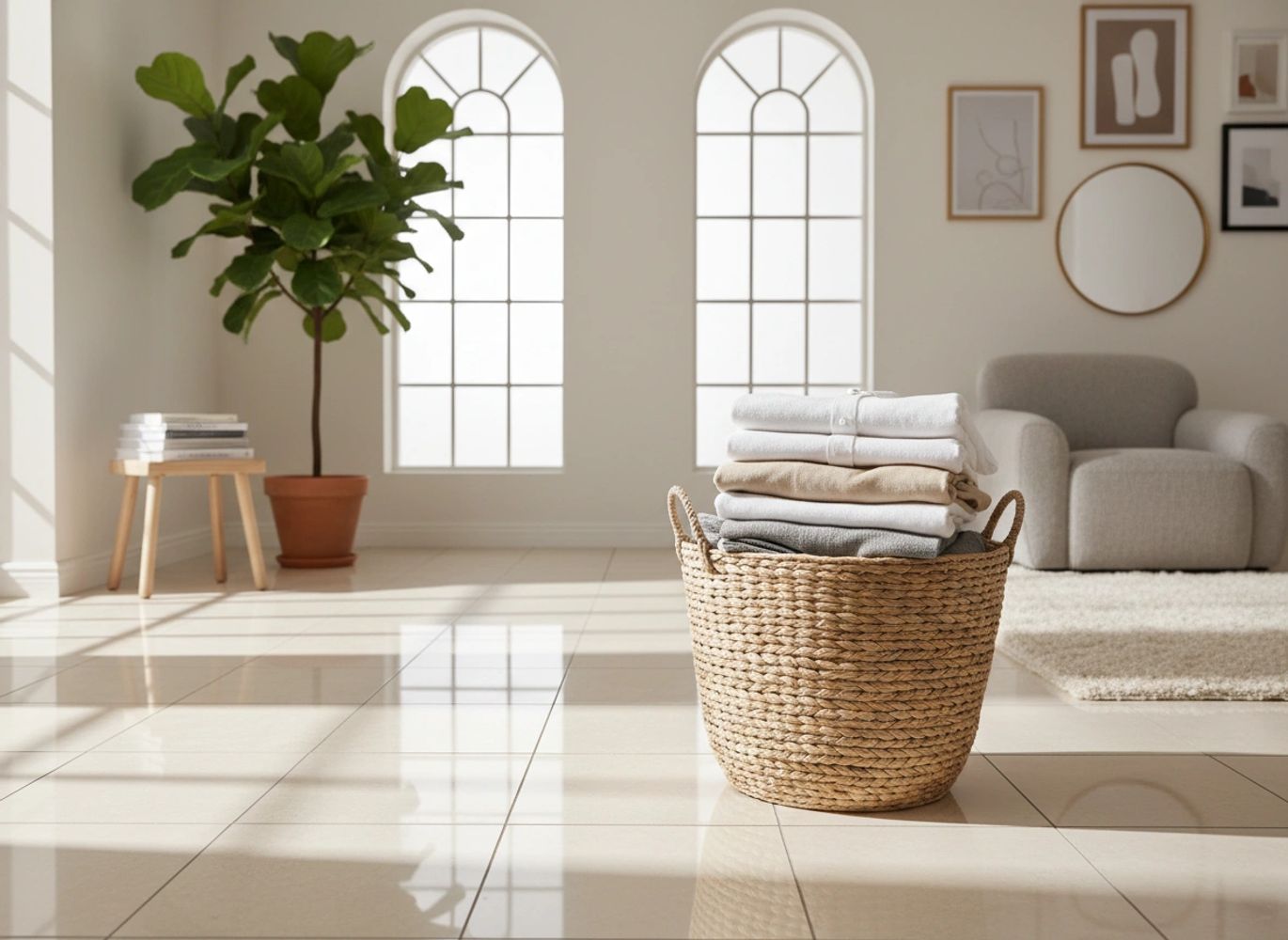 Soft natural light fills a cozy living room where freshly folded clothes rest neatly in a woven basket, symbolizing the comfort and peace that comes from using a reliable laundry pickup and delivery solution. This image represents a modern Laundry Service designed for busy households who want clean, organized spaces without the hassle. With laundry delivery and laundry valet services from Clean Laundry Valet, customers searching for a dependable laundry service near me can enjoy more time, less stress, and a home that feels calm and put together.