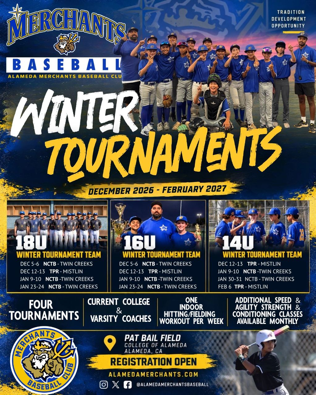 Alameda Merchants Baseball Winter Tournaments flyer for December 2026 to February 2027.