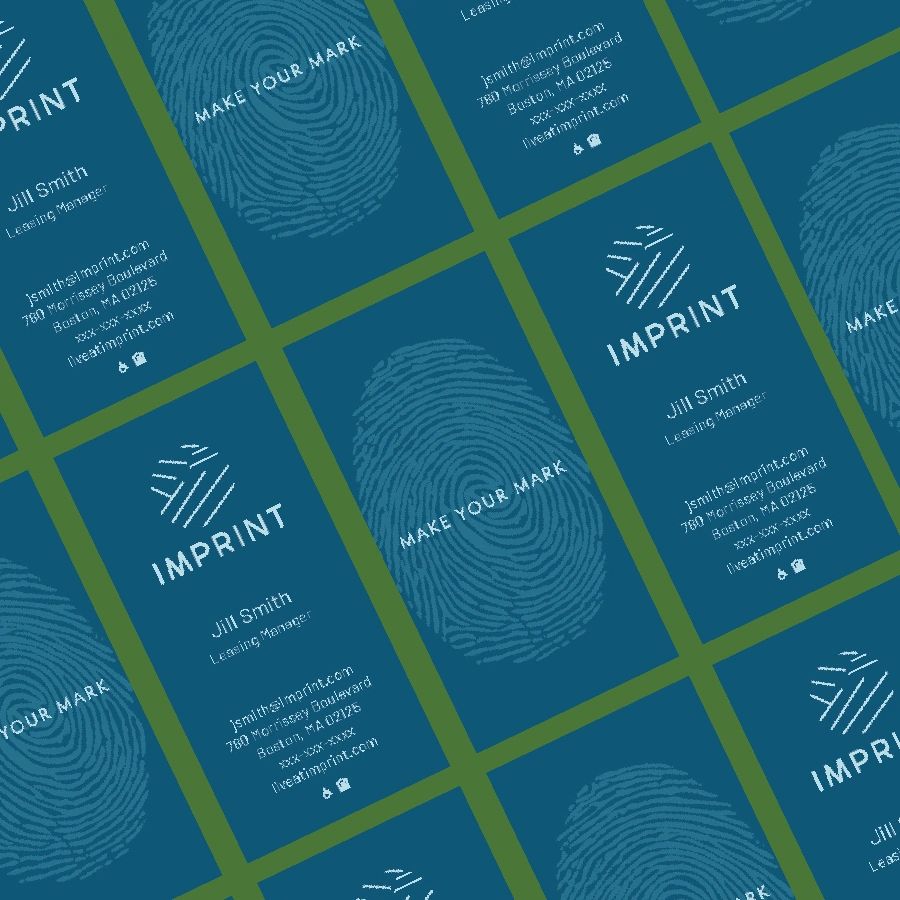 Business cards for Imprint with fingerprint design and contact details for Jill Smith.