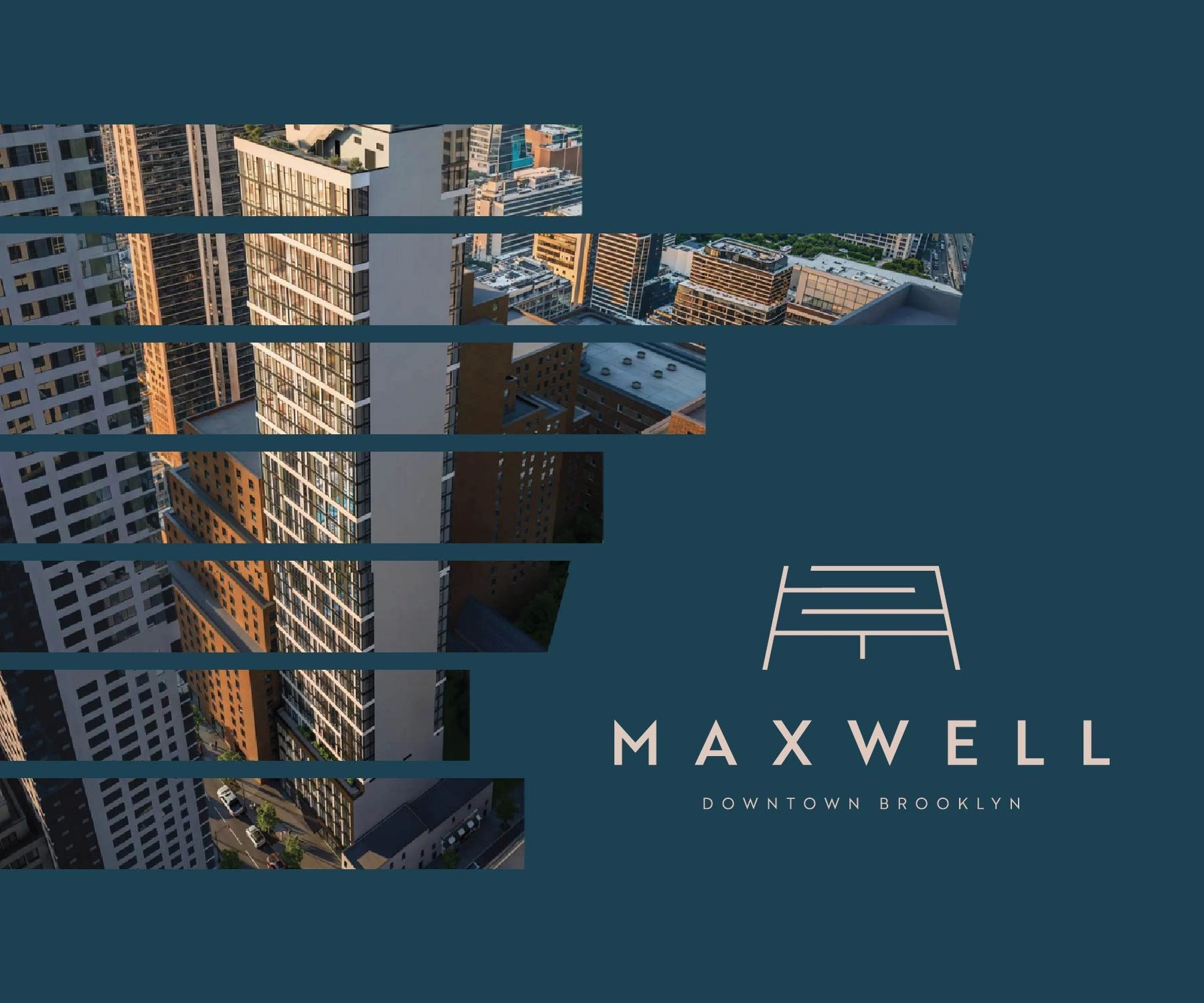 Aerial view of modern buildings with Maxwell logo and Downtown Brooklyn text.