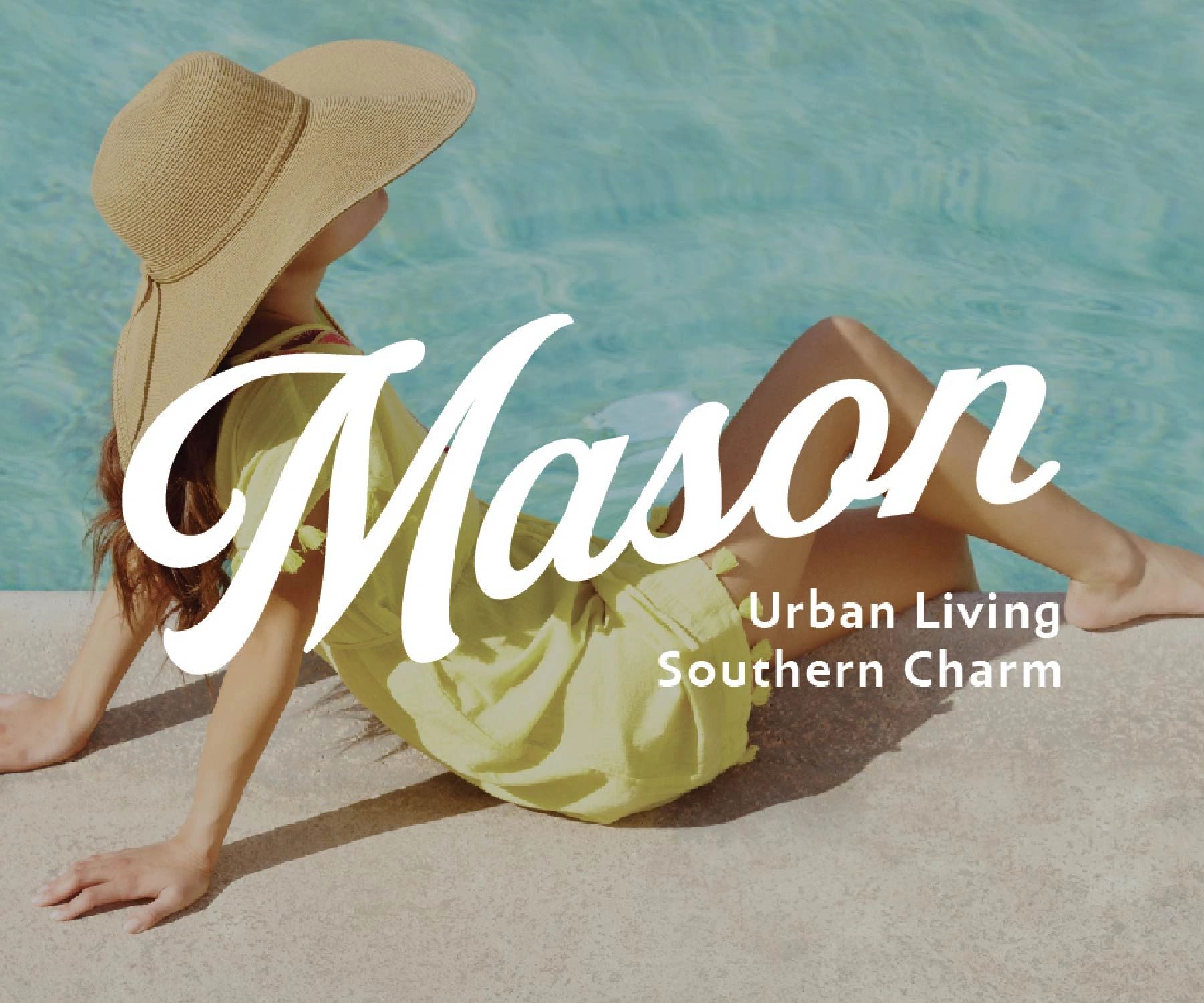 Woman in sunhat lounging by a pool on a sunny day.