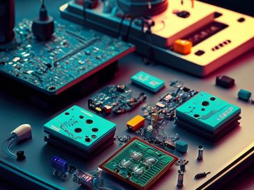 Electronic circuit boards and components on a surface under warm lighting.