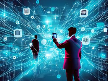 Businessmen interact with digital data streams in a futuristic networked environment.