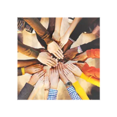 Diverse group joining hands together in unity.
