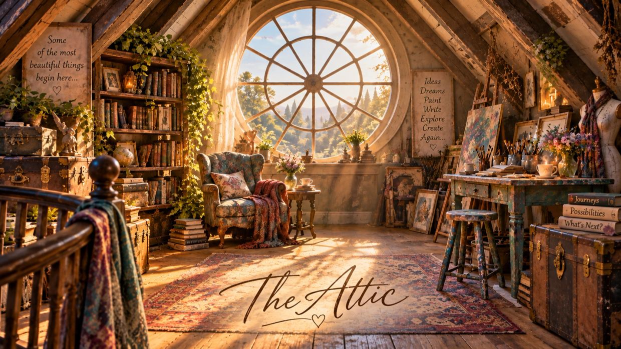 Cozy attic filled with books, art supplies, and warm light.
