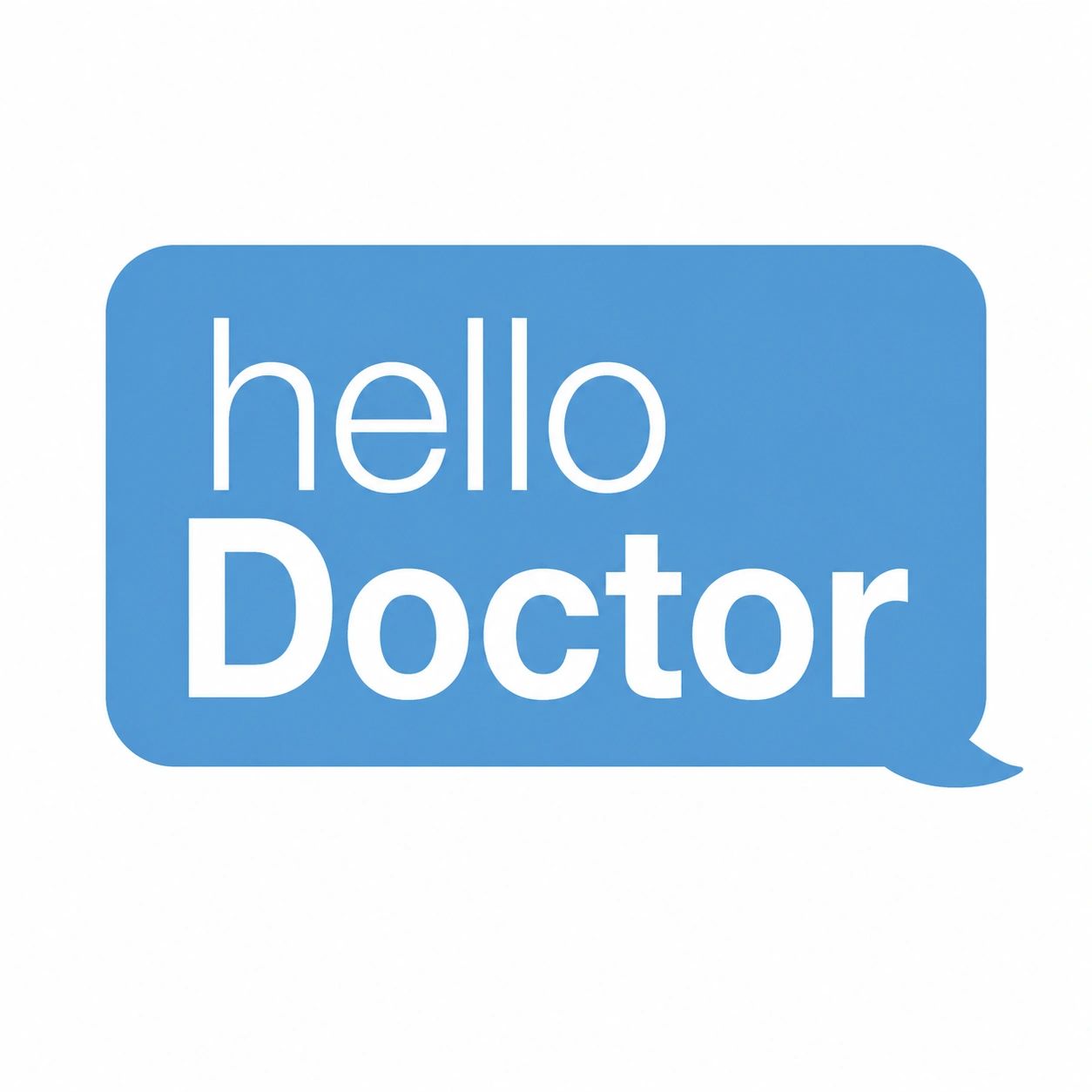 Blue speech bubble with white text saying 'hello Doctor'.