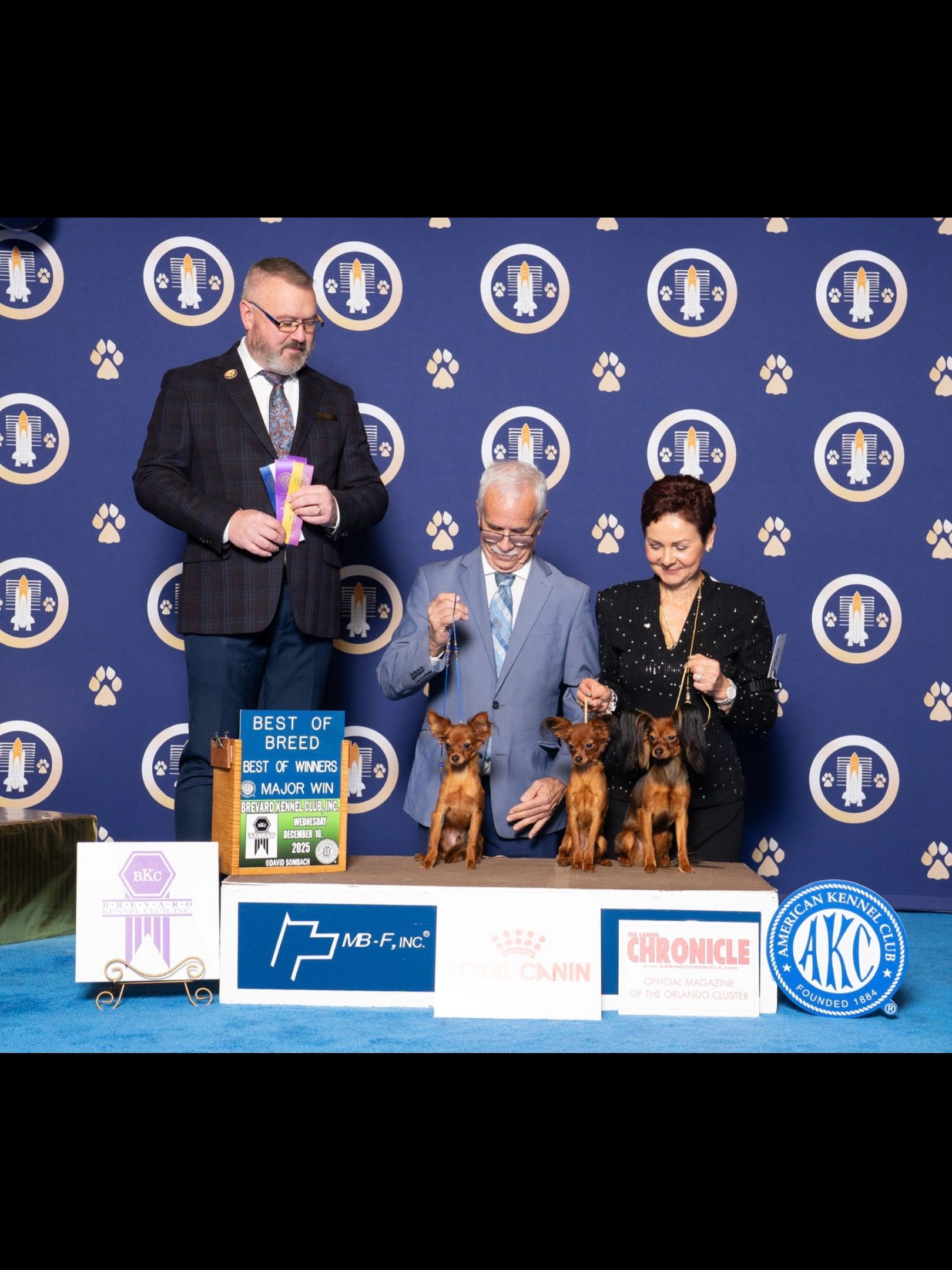 Three people presenting award-winning Russian toy dogs at a dog show.