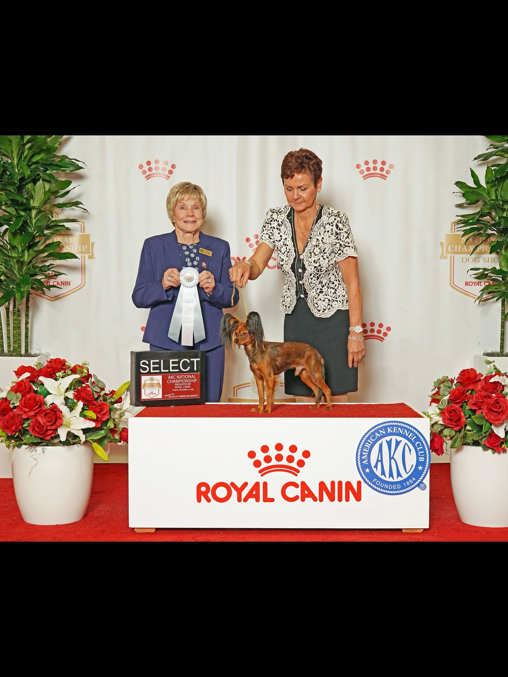 Two women at a dog show with a small dog and award ribbon.