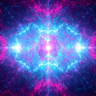 Vibrant cosmic nebula with glowing blue and pink hues.