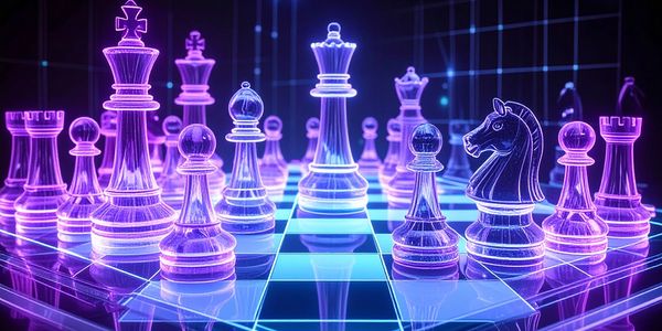 Digital artwork featuring a lineup of chess pieces, elegantly rendered with the queen commanding.