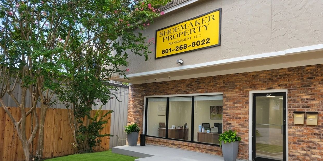 Office building with Shoemaker Property Management sign and greenery outside.