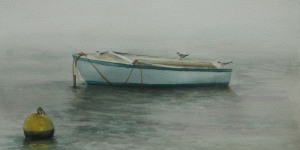 A small boat floats on calm water with birds perched on it and a buoy nearby.