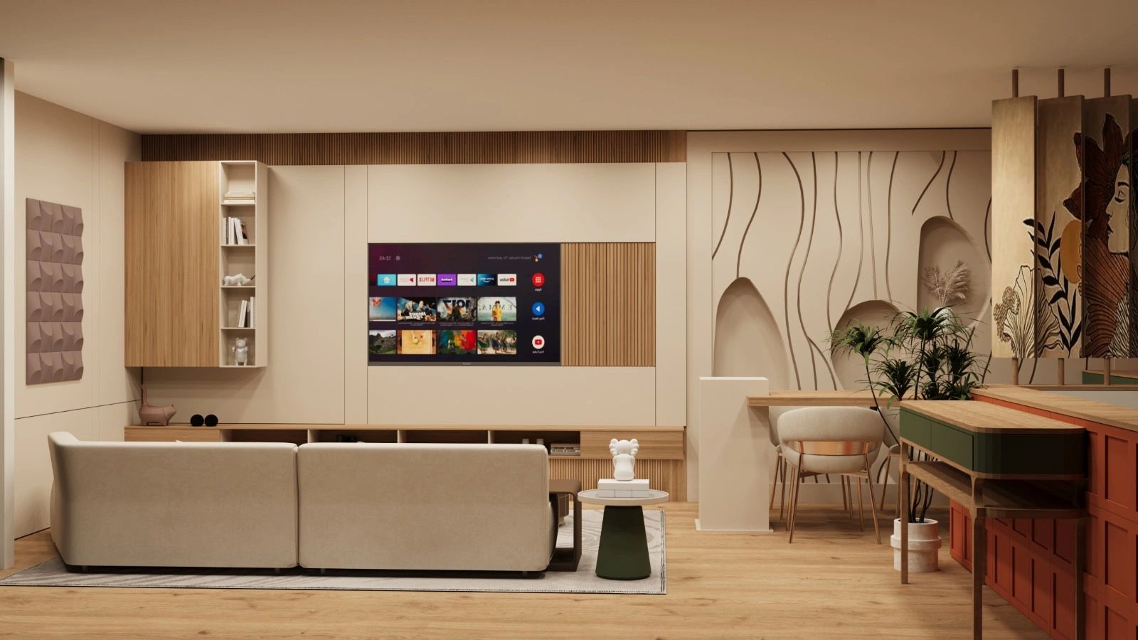 Modern living room with beige sofa, wall-mounted TV, and artistic wall decor.