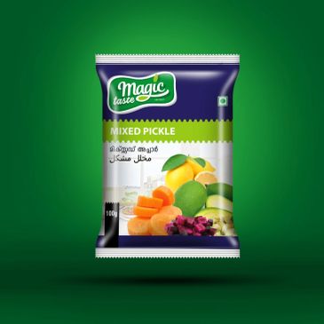 Magic Taste mixed pickle packet with vibrant vegetable images on green background.