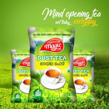 Mamma Magic Dust Tea with a vibrant green packaging and a cup of tea image.