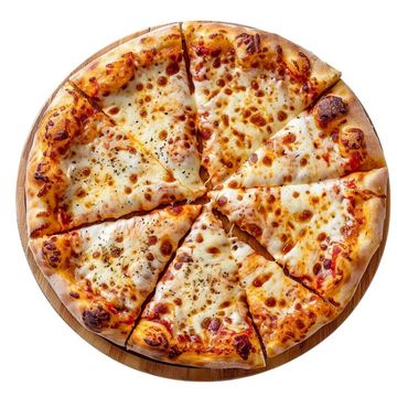 A cheese pizza sliced into eight pieces on a wooden board.