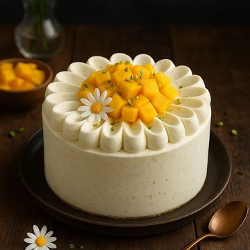 Elegant mango cake with cream frosting and a daisy flower on top.
