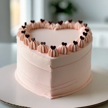 Heart-shaped pink cake decorated with chocolate hearts.