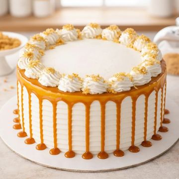 Elegant white cake with caramel drip and whipped cream decoration.