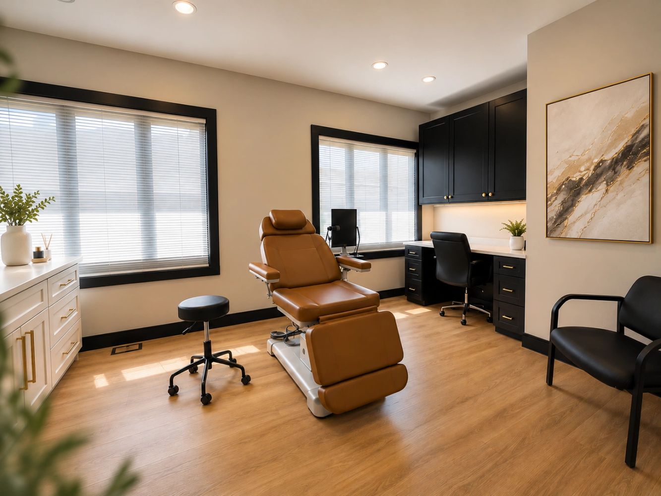 Modern medical office with comfortable examination chair and clean design.