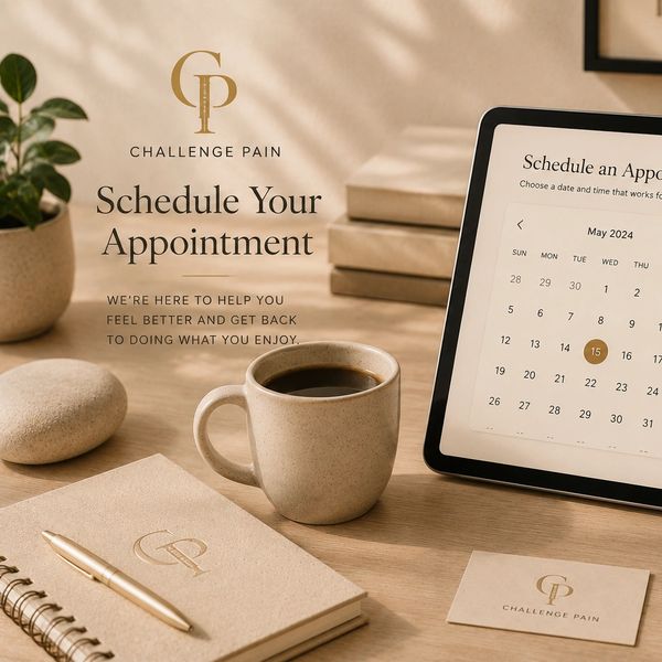 A warm, modern workspace featuring an online appointment booking calendar on a tablet, surrounded by