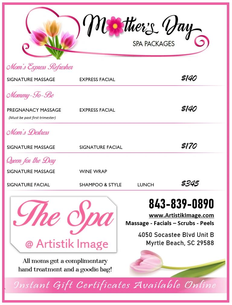 Mother's Day spa packages featuring massages, facials, and more at The Spa in Myrtle Beach.