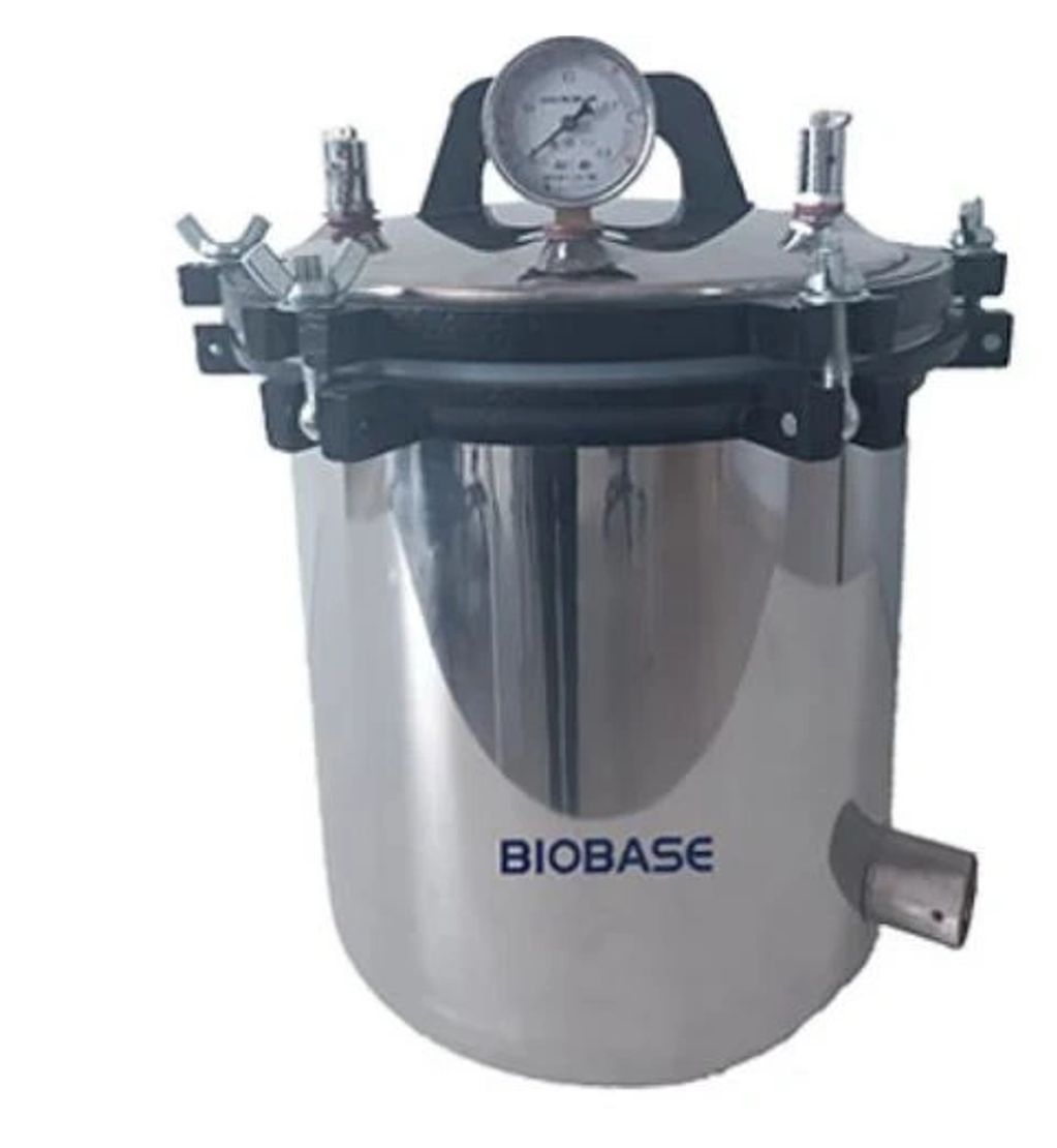Stainless steel Biobase autoclave with pressure gauge and secure lid clamps.