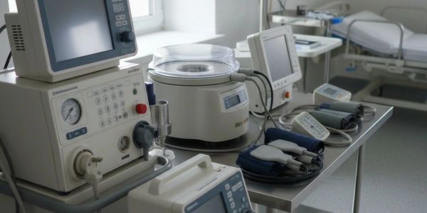 Various medical devices and monitors on a metal table in a hospital room.