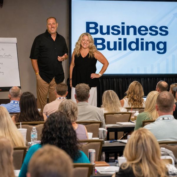 Two presenters leading a business building seminar to an attentive audience.