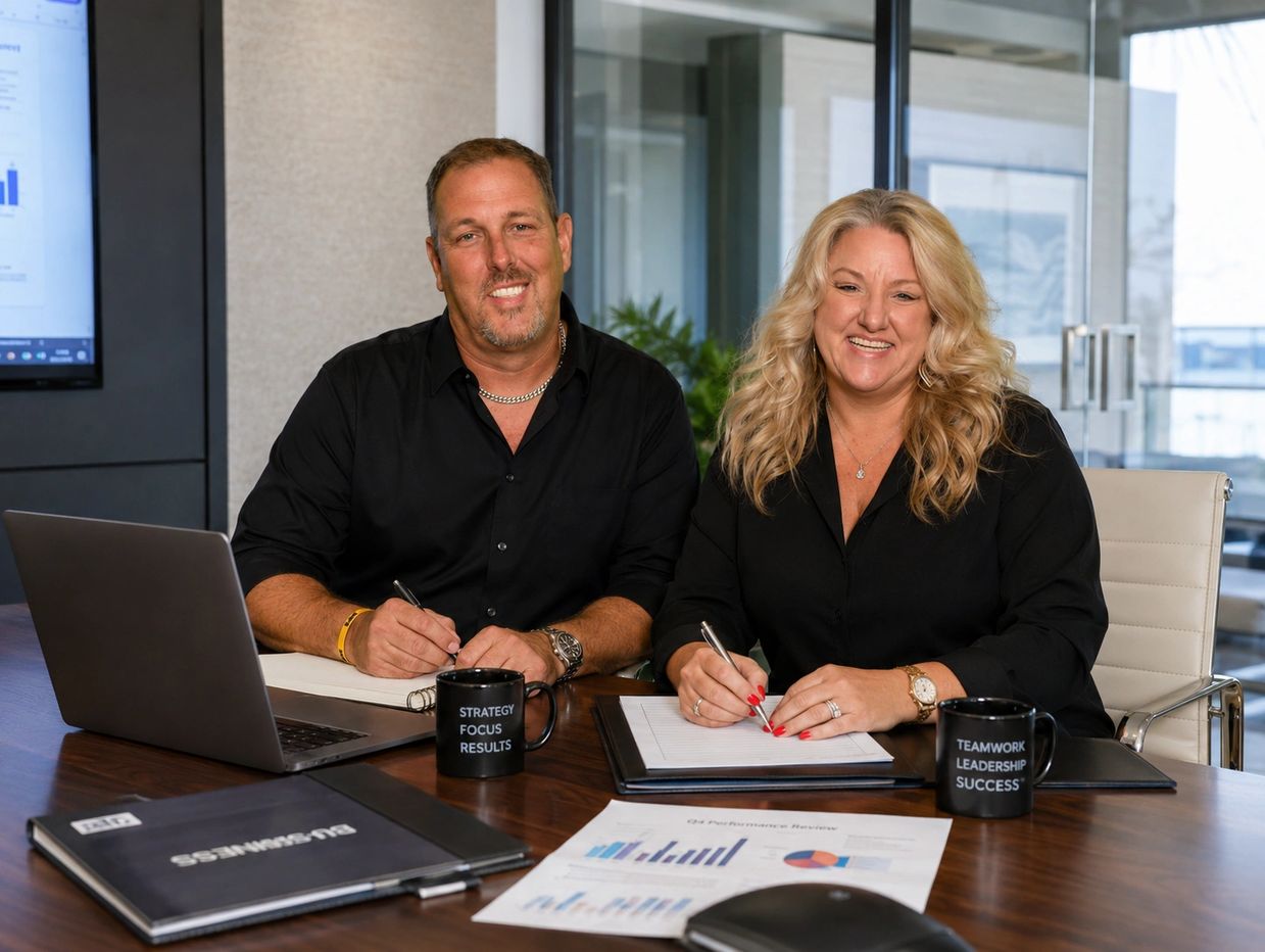 Two professionals smiling during a business meeting.