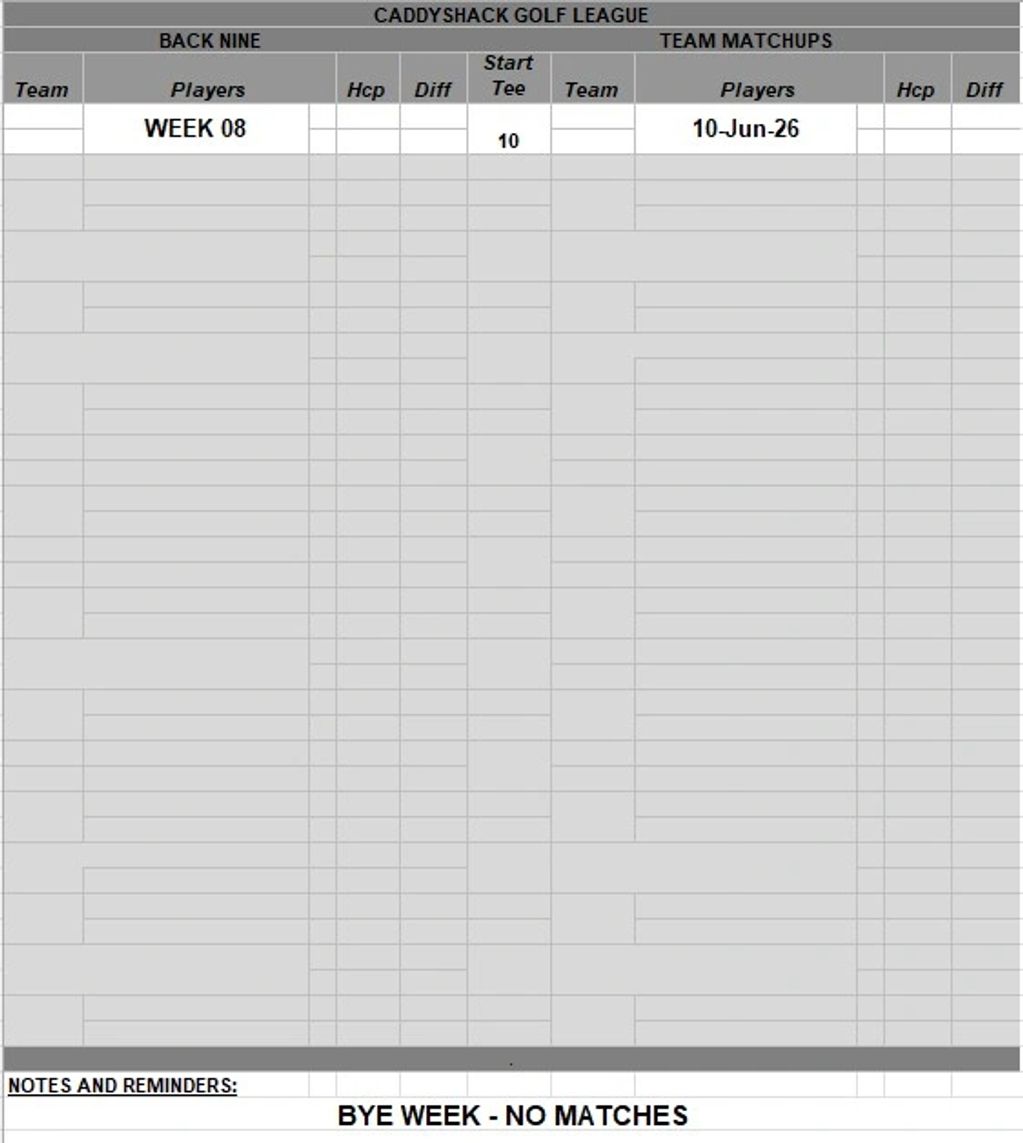 Caddyshack Golf League Week 08 schedule showing no matches for the bye week.