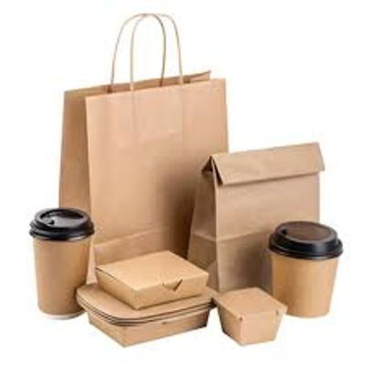 Kraft paper bags, boxes and takeaway cups representing packaging supply