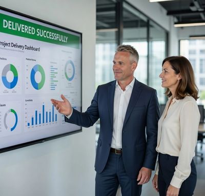 Two managers reviewing performance dashboards on an office screen