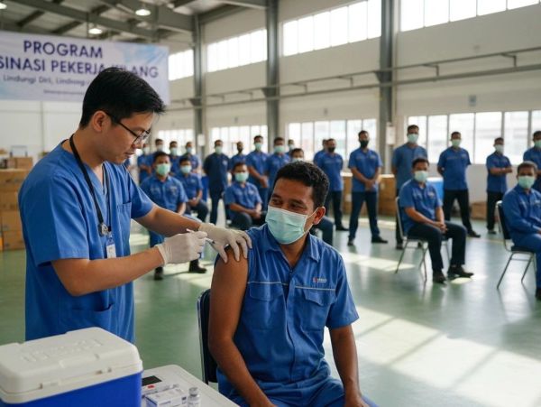 A worker receives a vaccine in a large hall.