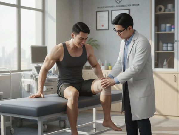Doctor examining a man's injured knee.