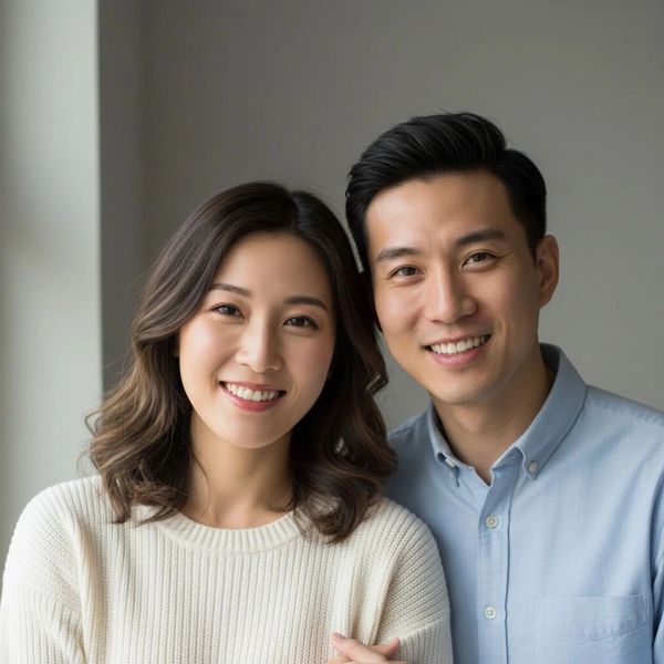 Smiling young couple posing indoors with warm natural light.