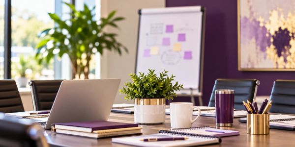 Modern conference room with laptop and office supplies.
