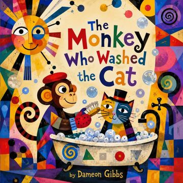 Colorful book cover featuring a monkey washing a cat in a bubble-filled tub.
