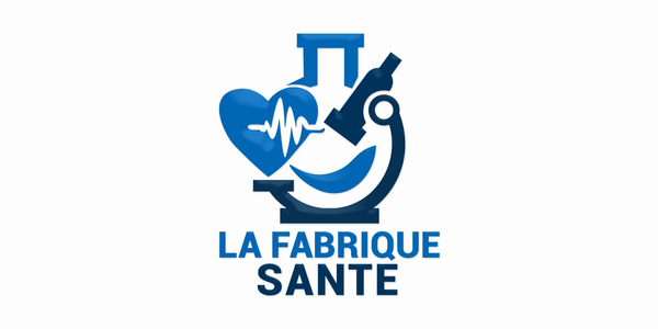 Logo featuring a microscope and heart symbol with heartbeat line for La Fabrique Santé.