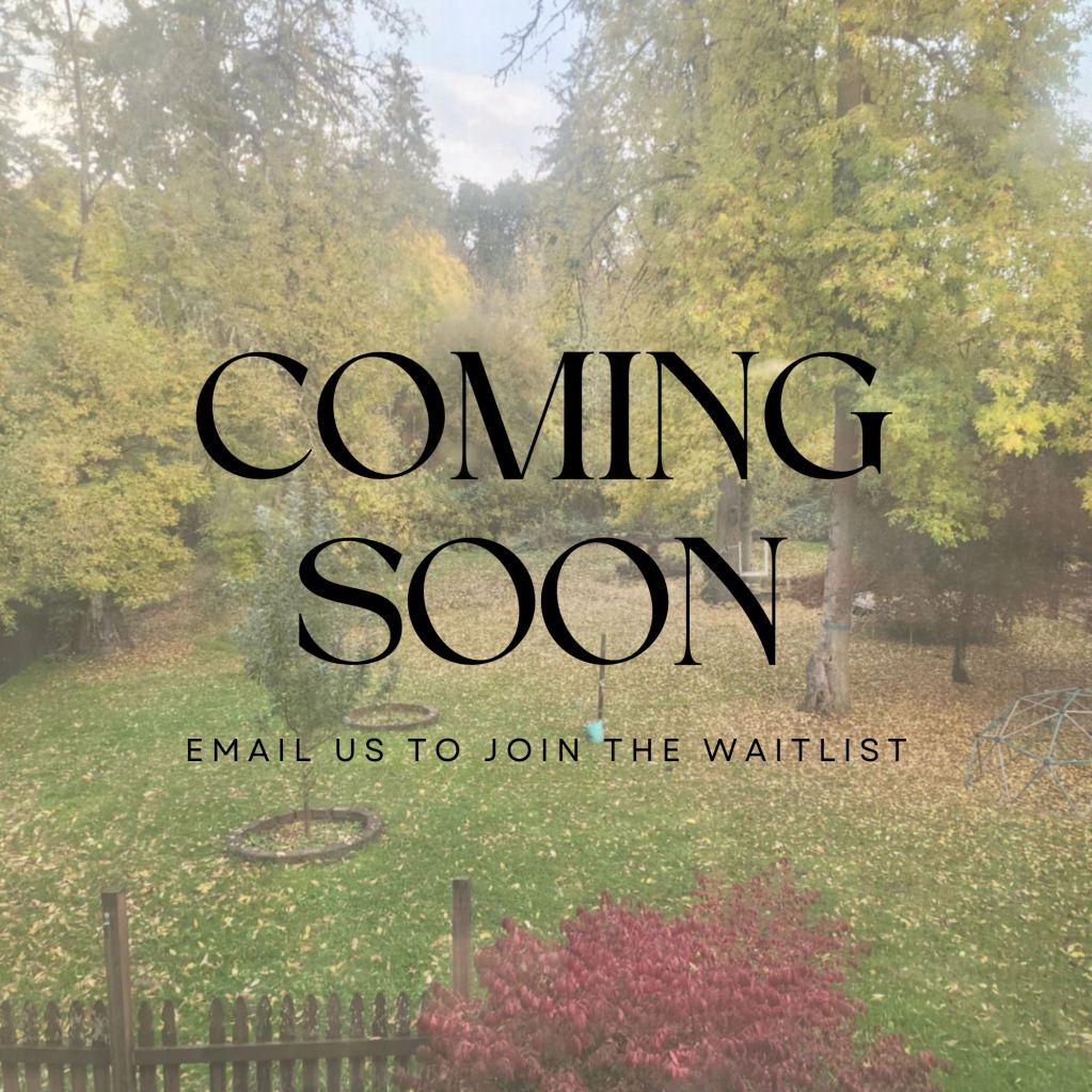 A serene autumn garden with text announcing 'Coming Soon' and an invitation to join the waitlist.