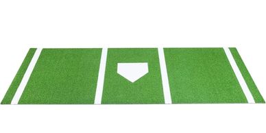 A green baseball field section with home plate and white lines.