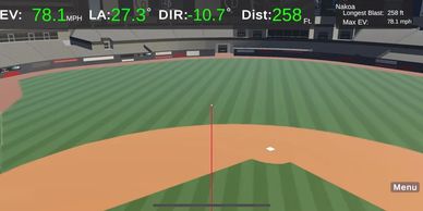 Baseball field with data overlay showing ball speed and distance.