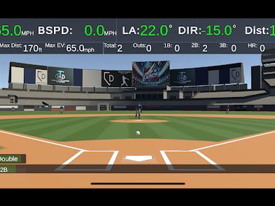Virtual baseball game view from the batter's perspective at home plate.