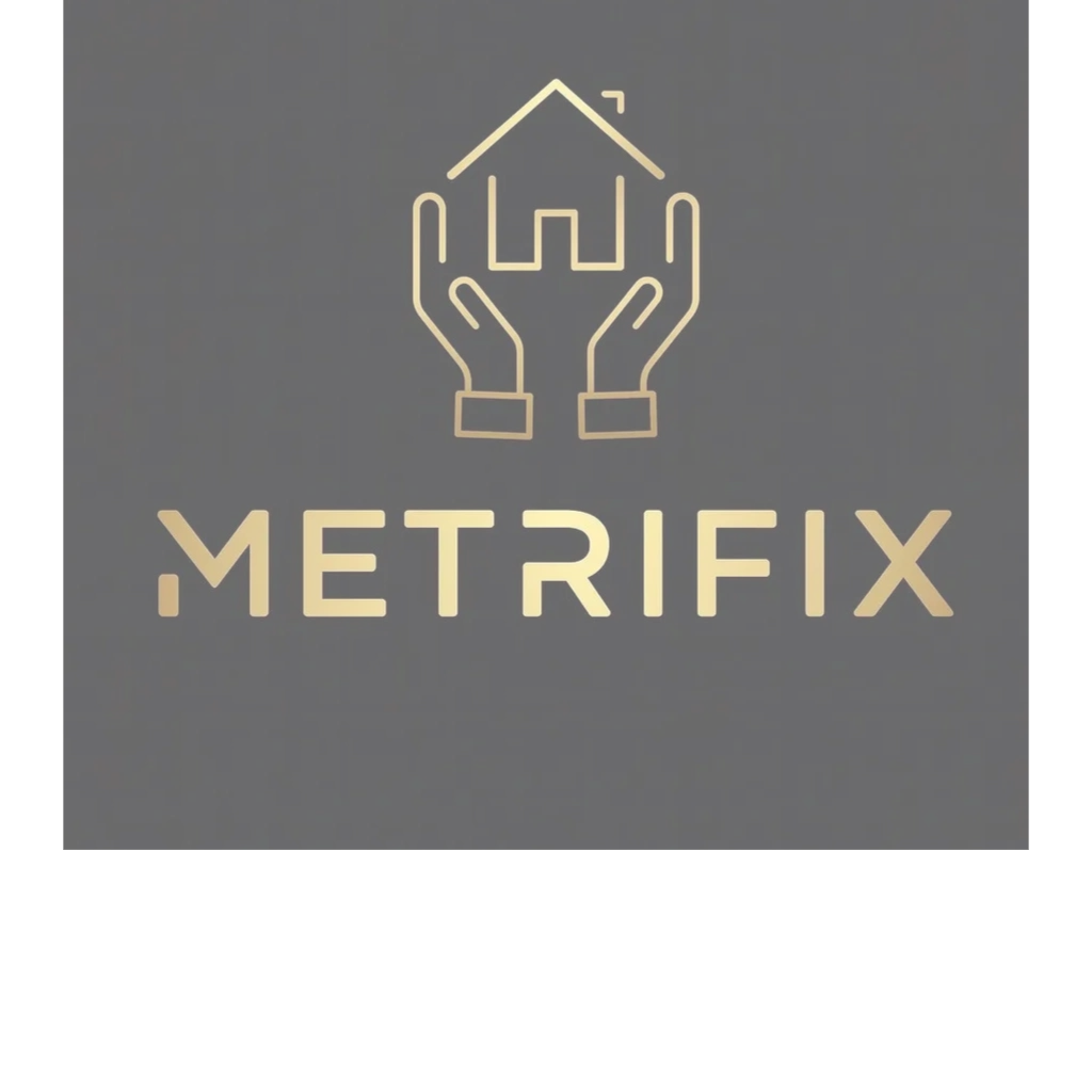 Golden logo of hands holding a house with the text METRIFIX on black background.