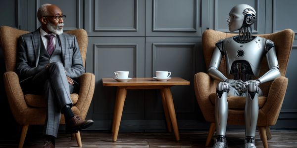 An elderly man and a humanoid robot sitting in armchairs facing each other.