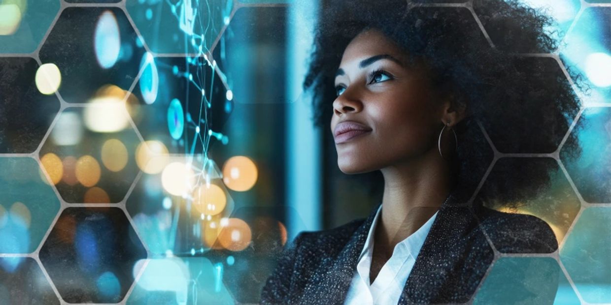 Confident woman looks ahead with futuristic digital interface overlay.