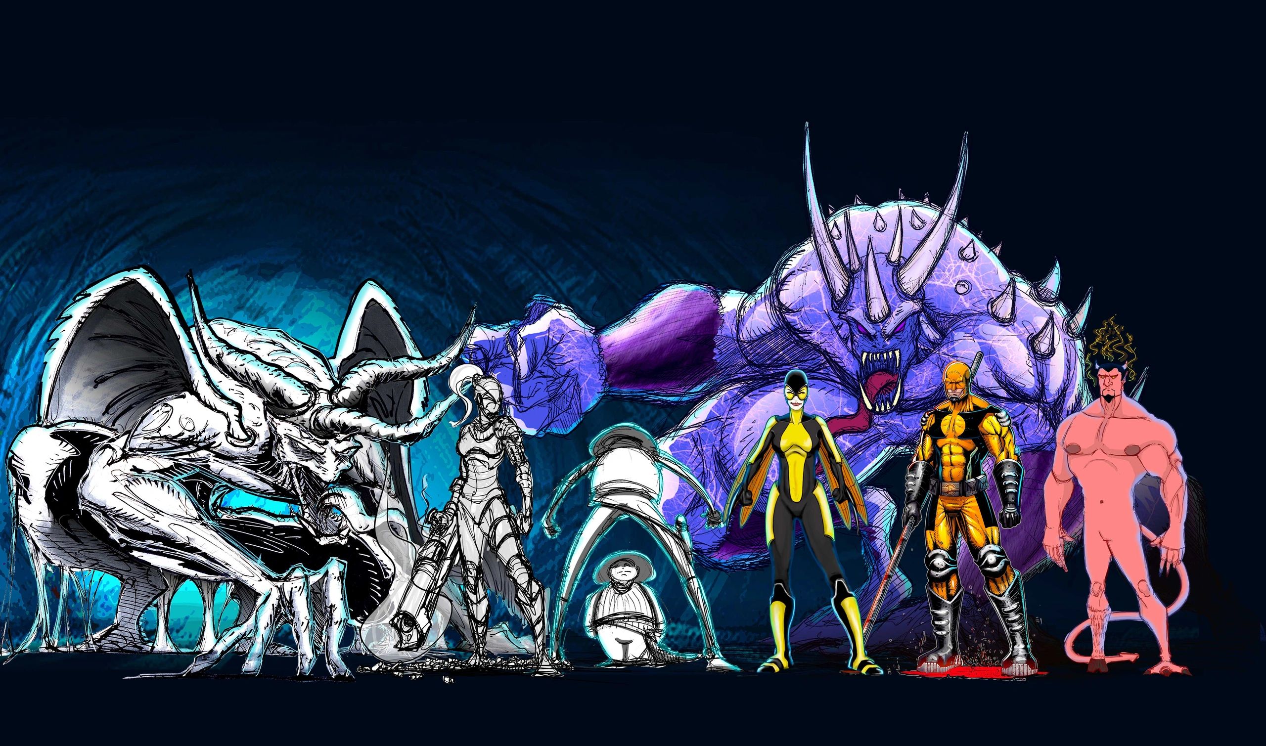 A lineup of diverse, stylized comic book characters and creatures.