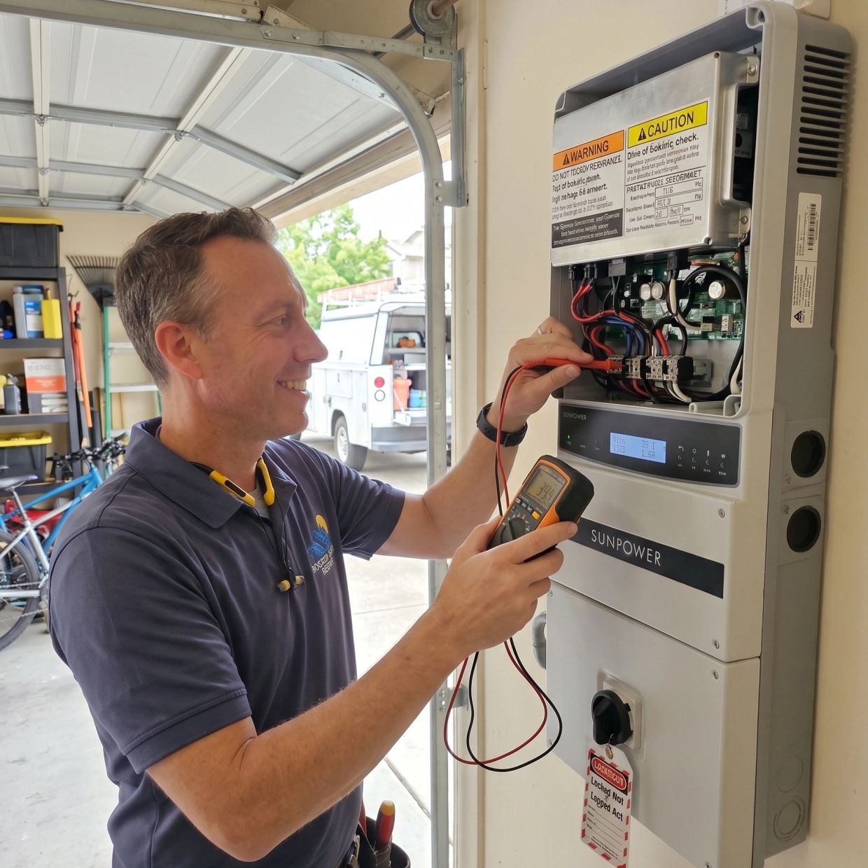 Technician testing a solar power inverter in a garage.