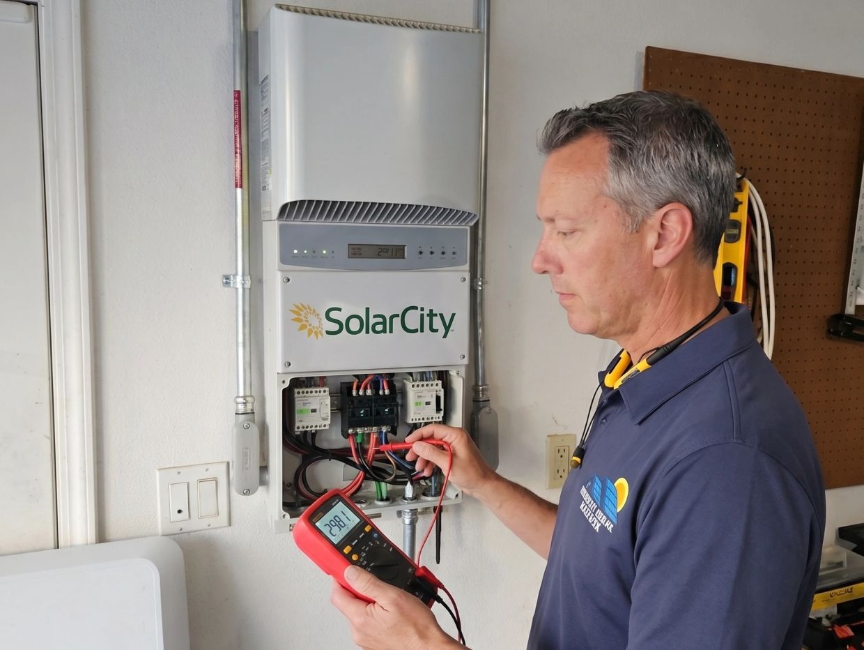 Technician testing SolarCity equipment with a multimeter.